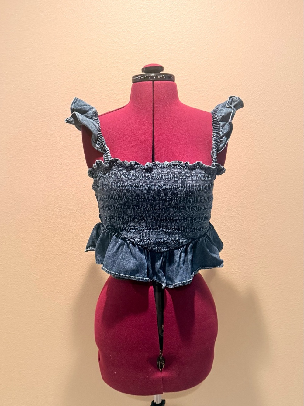 American Eagle Outfitters Denim Smocked Ruffle Crop Top - Blue
